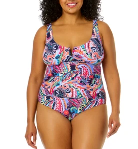 Anne Cole $122 Plus Notched Scoop-Neck One-Piece Swimsuit - Paisley Parade 22W - Picture 1 of 7