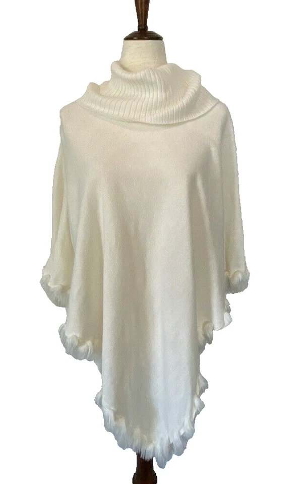 Cape Poncho Womens Size L/XL Ivory Faux Fur Fringe Boho Western Alfani Knit - Image 1 of 4