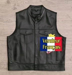 Gilet Jacket sans manches en Cuir véritable de vachette Col Mao - Bikers custom - Imagen 1 de 8