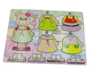 Wooden Puzzle Bear Dress Up Fun 10 Pieces 5 Dresses 5 Shoes 11 3/4" x 8 1/2" - Picture 1 of 10