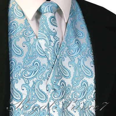 Turquoise Blue Paisley Tuxedo Suit Dress Vest Waistcoat & Neck tie Wedding Prom - Image 1 of 4