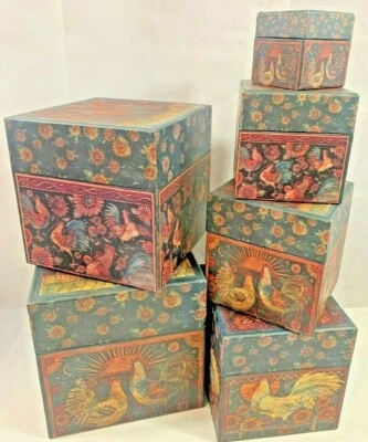 Vintage Bob's Boxes Rise and Shine Roosters Square Lidded Boxes Stack of 6 - Image 1 of 3