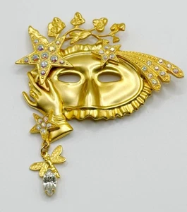 Kirks Folly Golden Masquerade Mask Vintage Brooch with Sparkling AB Rhinestones - Picture 1 of 2
