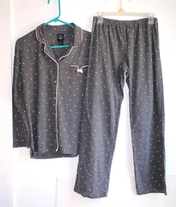 Laura Ashley Med Gray Pajamas Pink Trim Polka Dots Bow Women Long Sleeve Set - Picture 1 of 9