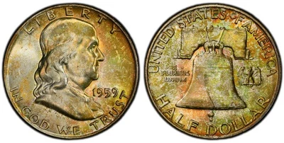 Medio dólar Franklin 1959 50c graduación profesional MS 66+ FBL ~ bajo pop plata Foto 1 de 4