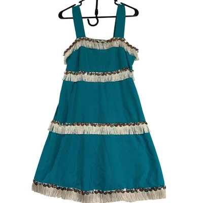 White Stag Fringe Sequin Dress Sleeveless Tiered Cotton Teal Blue Medium - Image 1 of 4