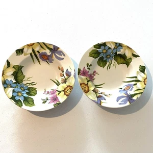 Emeiald Set of 2 White Floral Print Large Rimmed Ceramic Soup Salad Bowls - Picture 1 of 8
