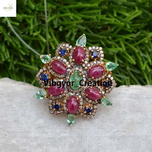 Anillo de diamantes pavimentado con múltiples piedras preciosas oro vermeil plata 925 hecho a mano joyería fina - Imagen 1 de 6