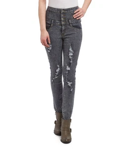 WOMEN STRETCH DENIM OVERALL, JUMPSUIT,SKINNY CUT,SG-95367 SNOW WASH +RIP - Picture 1 of 3