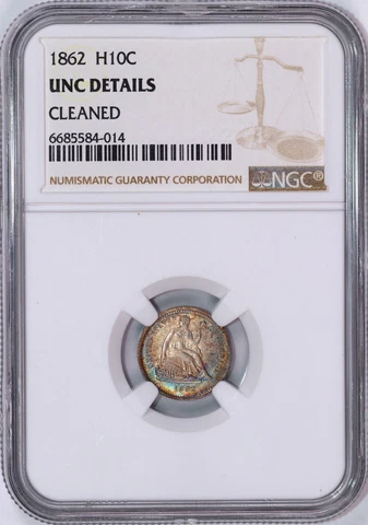 1862 Seated Liberty Silver Half Dime | NGC UNC Details Cleaned | Rainbow Toning Cover