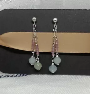 Minimalist Sterling Silver Pink Ruby & Blue/Green Opal Gemstone Dangle Earrings - Picture 1 of 11