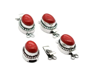 2 Pcs Red Coral Gemstone Box Clasp 2 Strand Antique Silver Plated - Picture 1 of 4