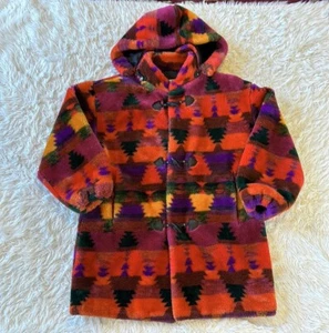 Vintage Monterey Fashions Fleece Faux Fur Bright Aztec Southwest Coat Medium USA - Picture 1 of 12