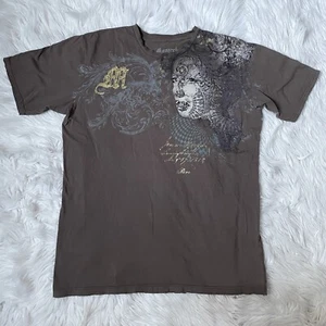 XL Monarchy Y2K Gold Embroidered Grunge Gothic Distressed Brown Fitted T Shirt - Picture 1 of 13