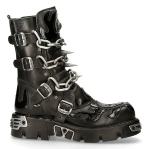 New Rock Unisex M.727-S1 Stiefel Schwarz Leder Boots Skull Chain Flame Reactor  - Bild 1 von 8