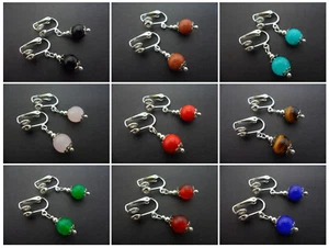 A PAIR OF DANGLY JADE/ONYX/TIGERS EYE OR CORAL BEAD CLIP ON EARRINGS. NEW. - Picture 1 of 10