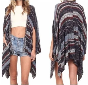Poncho Cárdigan Free People Boho Suéter Algodón Lino Asimétrico Rayas Grande - Imagen 1 de 13