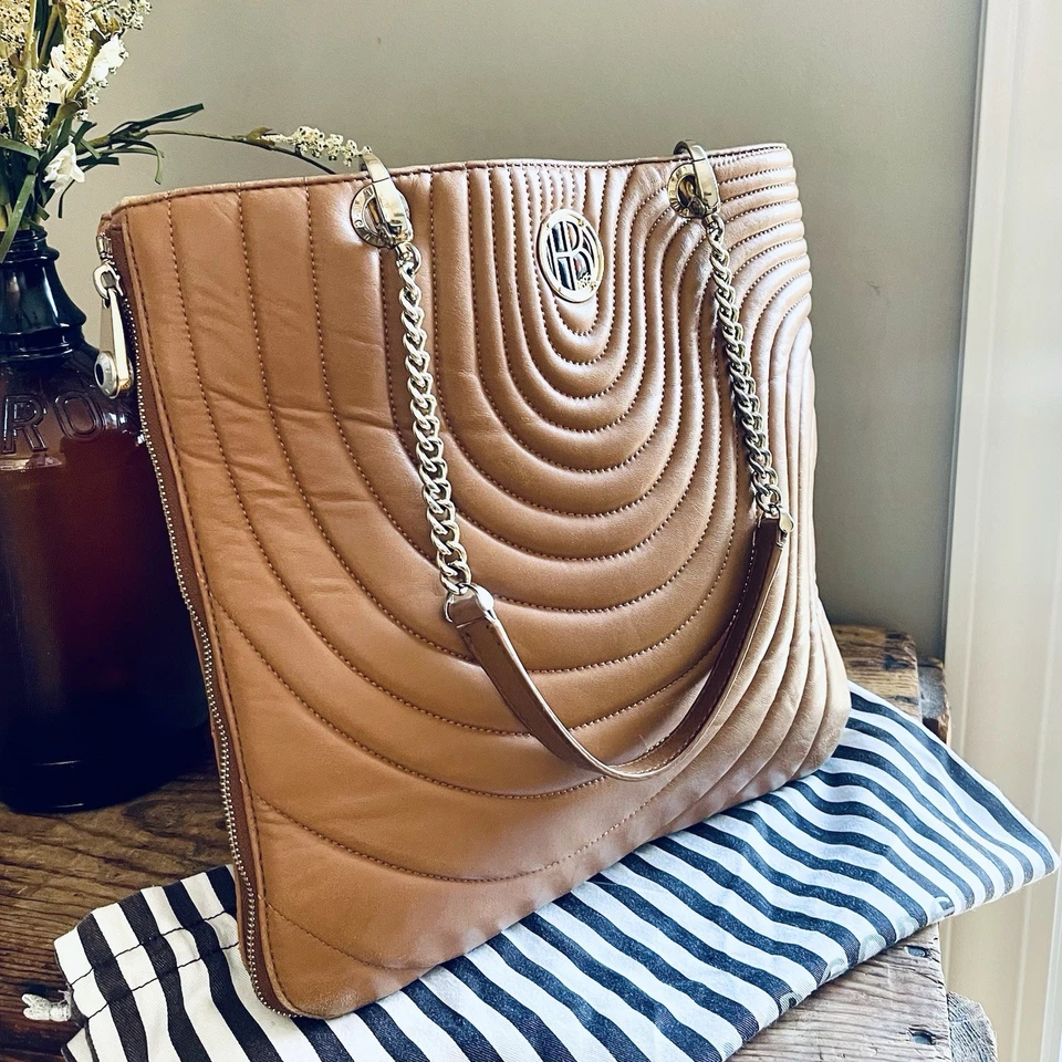 Henri BENDEL No. 7 Quilted Lambskin Leather Zip Tote Satchel Chain Bag Taupe - Image 1 of 4