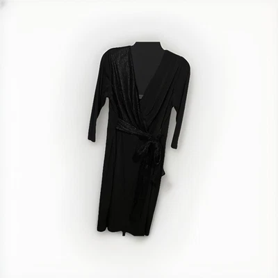 Lane Bryant Sz 16 Black V Neck Mock Wrap Midi Dress Sparkle Lined Belted - Image 1 of 4