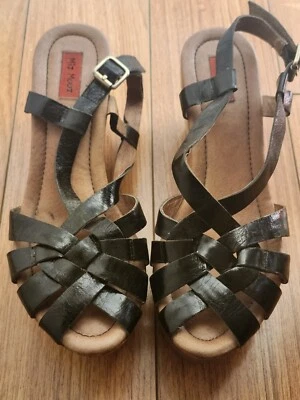 Vintage Miz Mooz Boho Black Leather Wooden Wedge Punk Gothic Sandals 10 - Image 1 of 4