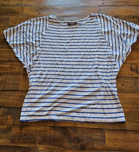 Dana Buchman TOP (Medium) Blue & White Striped DOLMAN SHORT SLEEVE Rayon STRETCH - Picture 1 of 4