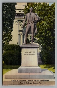 Postal Estatua de Lafayette en Lafayette College Easton PA Lino sin publicar - Imagen 1 de 2