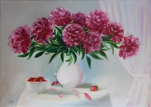 Peonia dipinto olio peonie rosa bouquet floreale originale natura morta grande opera d'arte - Foto 1 di 10
