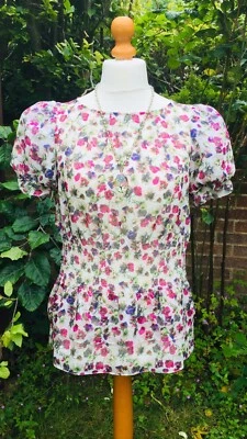 Ted Baker Floral Top 🌷 Elasticated Waist, Puffed Sleeves, Sheer (3) UK 12 - VGC - Image 1 of 4