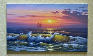 "Dipinto ad olio paesaggio marino su tela, tramonto, oceano, artista Stoiev.S, ""Onda trasparente" - Foto 1 di 6