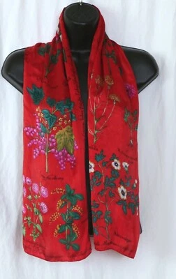ADRIENNE VITTADINI Red Silk Rectangular Scarf w Botanical Flowers  10 X 51 EXC - Image 1 of 4