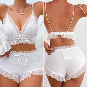 Women's Sexy Lingerie Set Ruffle Trim Pajama Sets Shorts And Tank Top Loungewear - Picture 1 of 34