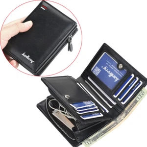 Men's PU Leather Short Wallet Zipper Coin Pocket Bifold Purse Card Holder Black - Picture 1 of 12