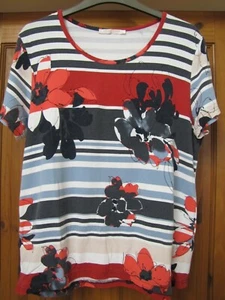 Anna Rose Top Stripe Floral Reds Blues Ivory Beige Multi Short Sleeve Stretchy M - Bild 1 von 3