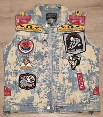 Chaleco Heritage America Denim Motocicleta Motociclista Parches Adulto Medio Lavado a Piedra Foto 1 de 4