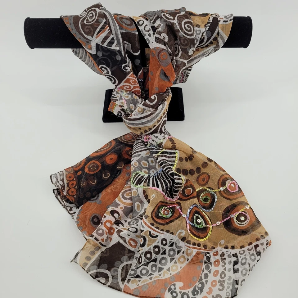 Acessório de moda transparente estampa abstrata cachecol enfeitado marrom laranja branco - Imagem 1 de 4