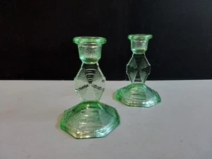 Bagley Green Glass Candlesticks (Featherstone) - Picture 1 of 4