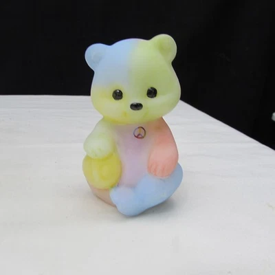 Fenton Opal Satin Tye Dye Peace Sign K. SPONSLER  Hand Painted Sitting Bear W424 - Image 1 of 4