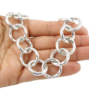 Hallmarked Chain Bracelet 925 Sterling Silver Chunky Hammered Link Ladies Chain - Picture 1 of 6