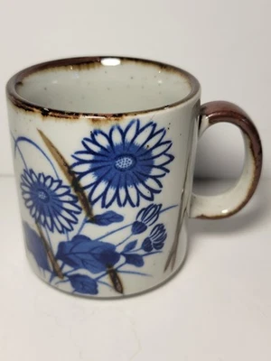 Vintage Japan Porcelain Mug Blue Floral Chrysanthemum Brown Rim Handle Speckled - Image 1 of 4