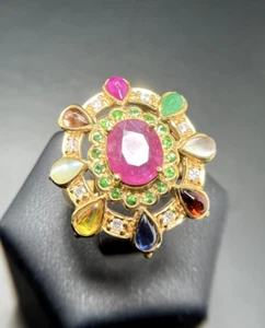Fancy Gems Stone Lucky Diamond Gold 9K Cocktail Ring Size P - Picture 1 of 11