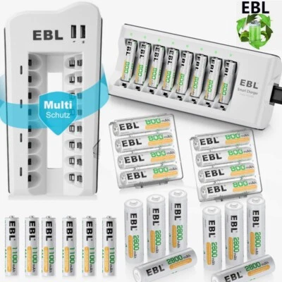 EBL wiederaufladbare AA AAA Ni-MH Akkus 800/1100/2800mAh/8 Steckplätze Ladegerät - Bild 1 von 4