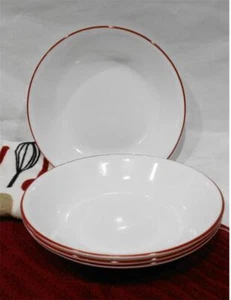 ❤️ 4 Corelle RED RIM 20-oz PASTA BOWLS 8.5" Shallow Coupe Soup Salad Meal Entree - Picture 1 of 5