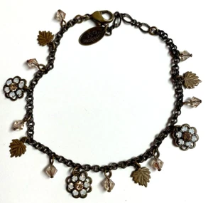Vintage Liz Palacios Brass Tone Crystal Beads Flowers & Leaves Bracelet 7" - Picture 1 of 6