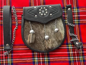 Kilt Sporran Men Full Dress Leather Black Bovine with Scottish Thistle Cantle - Picture 1 of 3