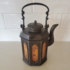 VINTAGE CHINESISCHE ZINN TEEKANNE 7 HANDBEMALTE GLASSCHEIBEN QING-DYNASTIE 646 - Bild 1 von 10