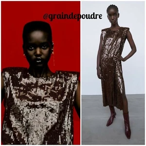 NWT! Zara Dark Brown Straight Cut Full Sequin Midi Shift Dress XS - Picture 1 of 6