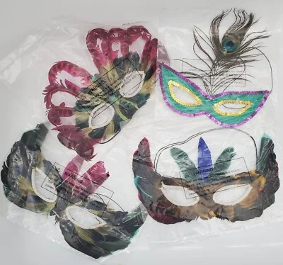 Lot 8 NIP Mardi Gras FEATHER MASK Masquerade Party Favor Adult Face - PAIRED - Image 1 of 4