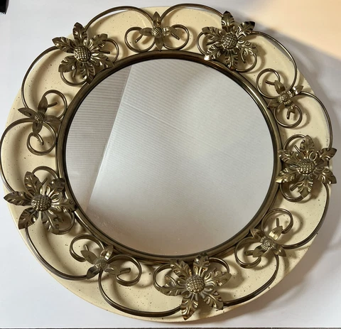 Vtg Round Decorative Brass Convex Wall Mirror Art Nouveau Floral Design Retro Cover