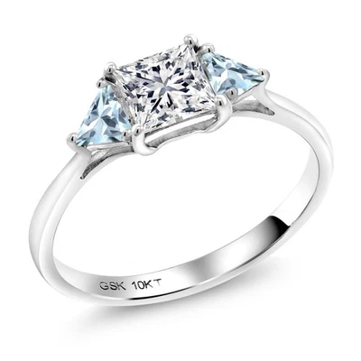 Anillo de oro blanco de 10 quilates de aguamarina azul cielo diamante cultivado en laboratorio princesa de 1,06 quilates Foto 1 de 4