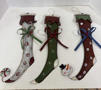 Vintage Hand Painted METAL Stocking Christmas Wall Rustic Primitive 15” Set Of 3 - Image 1 of 4